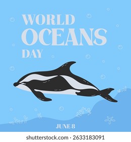 World oceans day template. Template for postcard, poster, banner. Vector illustration of a beautiful blue sea background with waves, bubbles, corals, hourglass dolphin. Vector illustration