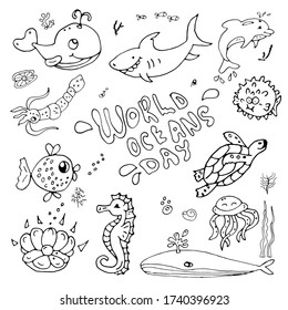 World Oceans day text hand drawn lettering set. Dolphin, whale, shark, seahorse, fish, seaweed, squid, sea turtle Vector illustration isolated on a white background.Design icon, banner.