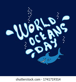 World Oceans day text hand drawn lettering isolated. Design template, invitation for logo, badge, icon, card, banner template. Greeting card for Ocean day celebration. Vector outline illustration.