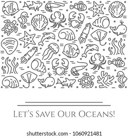 World Oceans Day Theme Black And White Banner - Pictograms Of Fish, Shell, Shark, Dolphin, Turtle And Other Sea Creatures Related Line Elements. Simple Silhouette, Editable Stroke. Vector Illustration