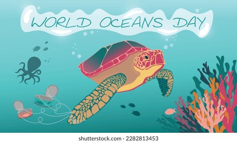 World Oceans Day, a turtle swims on the bottom of the ocean and tin cans on its paw, take care of the oceans