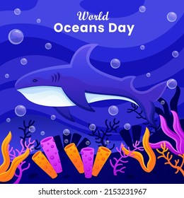 World oceans day underwater marine sea blue whale fish cartoon poster design