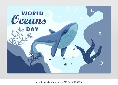 World oceans day underwater marine sea blue whale fish cartoon poster design