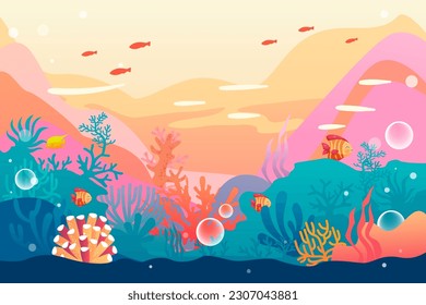 World Oceans Day, underwater world with ocean and fish in the background, vector illustration