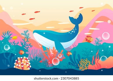 World Oceans Day, underwater world with ocean and fish in the background, vector illustration