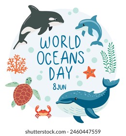 Día mundial de los océanos. fondo oceánico submarino. delfín, ballena, orca, coral, plantas marinas, cangrejo y tortuga. Ilustración vectorial