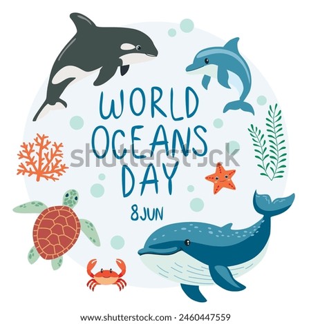 World oceans day. underwater ocean background. dolphin, whale, killer whale, coral, sea plants, crab and turtle. vector illustration
