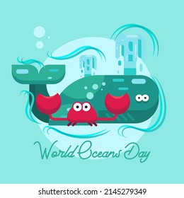 World Oceans Day, underwater save marine life earth blue whale crab greeting card poster vector