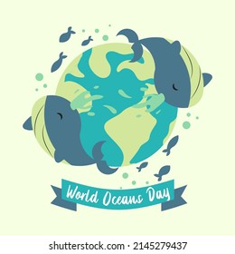 World Oceans Day underwater save marine life earth blue whale poster vector design drawing image art