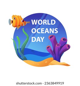 World Oceans Day. Underwater World with Swimming Fish, Seaweed and Coral. Vector Illustration in Cartoon Style.