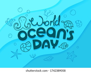 World oceans day vector concept. Doodle vector logo