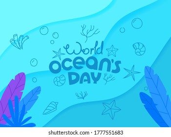 Concepto de vectores del Día Mundial de los Océanos. Logo del vector Doodle