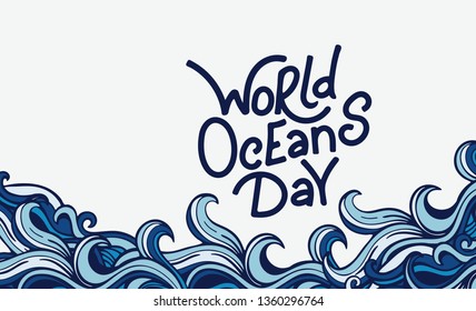 World oceans day. Vector illustration with ocean waves and hand drawn lattering. Isolated on white background.