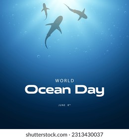 World oceans day. Vector illustration of an ocean floor surrounded by sharks. Celebrated annually on the 8th of June. Suitable for greeting cards, templates, social media etc