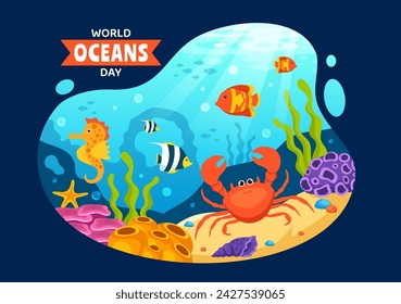 Ilustración vectorial del Día Mundial de los Océanos para ayudar a proteger y conservar el océano, peces, ecosistemas o plantas marinas en diseño de fondo plano de dibujos animados