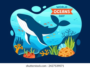 World Oceans Day Vector Illustration to Help Protect and Conserve Ocean, Fish, Ecosystem or Sea Plants in Flat Cartoon Background Design