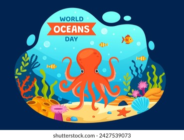 World Oceans Day Vector Illustration to Help Protect and Conserve Ocean, Fish, Ecosystem or Sea Plants in Flat Cartoon Background Design