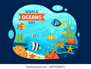 World Oceans Day Vector Illustration to Help Protect and Conserve Ocean, Fish, Ecosystem or Sea Plants in Flat Cartoon Background Design
