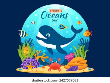 World Oceans Day Vector Illustration to Help Protect and Conserve Ocean, Fish, Ecosystem or Sea Plants in Flat Cartoon Background Design