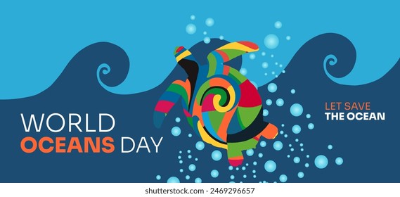 World Oceans Day vector illustration. Ocean or sea life. A colorful sea turtle swims against the background of blue sea waves. Billboard.