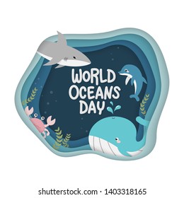 World Oceans Day. vector of marine life for celebration dedicated to help protect, and conserve world oceans, water, ecosystem and inform the public of the impact of human actions on the ocean