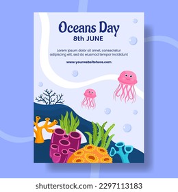 World Oceans Day Vertical Poster Flat Cartoon Hand Drawn Templates Background Illustration