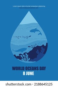 World Oceans Day with Water Drops, Fish, Whale, Shark, Coral Reefs Flat Design