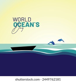 World Oceans Day with waves and dolphins
