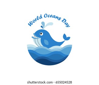 World Oceans Day. Whale on A wave in a circle. Vector illustrations