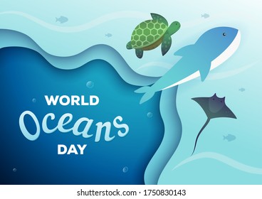 world oceans day with whale turtle stingray and paper art water concept 