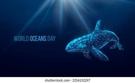 World oceans day. Wireframe glowing low poly Orca whale. Design on dark blue background. Abstract futuristic vector illustration.    