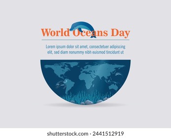 World Oceans Day,globe on grey background.inside a turtle and a dolphin.
