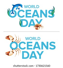 World oceans holiday logo graphic design concept of the ecosystem. Vector illustration with a realistic dolphin, crab claw, coral or seaweed isolated on white background
