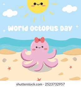 World Octopus Day. Suitable for flat design graphic illustration for template social media post, flyer design, flat illustration, banner, poster, greeting card, etc