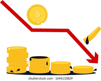 World oil crisis concept. Money coins in oil and arrow dawn icon over white background, flat style, the oil crash concept design, vector illustration.oil price crisis.