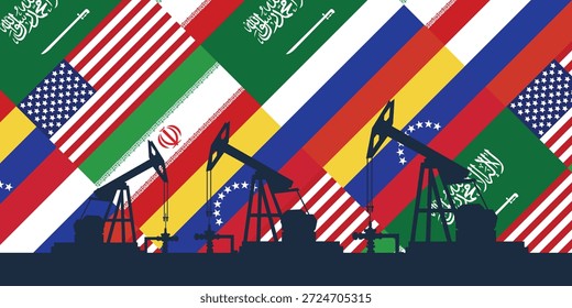 Contexto da indústria petrolífera mundial. Bandeiras dos maiores países produtores de petróleo. Plano de fundo de abóbada da plataforma de óleo. Indústria petrolífera. Petróleo bruto