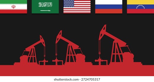 Contexto da indústria petrolífera mundial. Bandeiras dos maiores países produtores de petróleo. Plano de fundo de abóbada da plataforma de óleo. Indústria petrolífera. Petróleo bruto