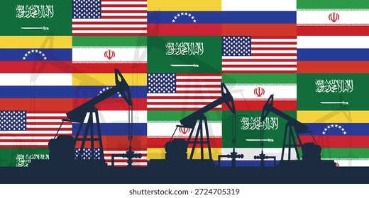 Contexto da indústria petrolífera mundial. Bandeiras dos maiores países produtores de petróleo. Plano de fundo de abóbada da plataforma de óleo. Indústria petrolífera. Petróleo bruto