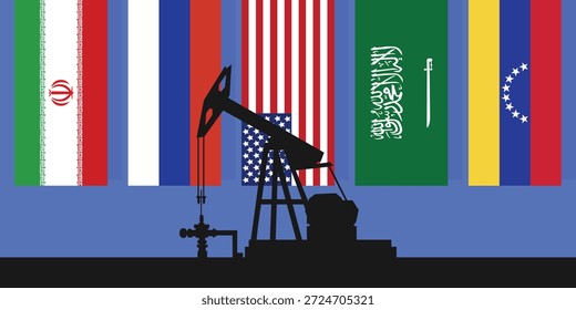 Contexto da indústria petrolífera mundial. Bandeiras dos maiores países produtores de petróleo. Plano de fundo de abóbada da plataforma de óleo. Indústria petrolífera. Petróleo bruto