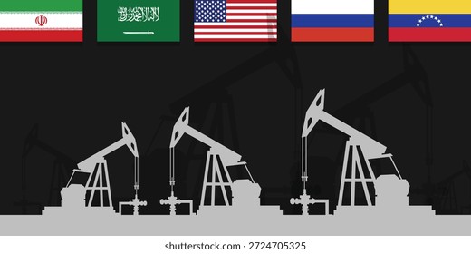 Contexto da indústria petrolífera mundial. Bandeiras dos maiores países produtores de petróleo. Plano de fundo de abóbada da plataforma de óleo. Indústria petrolífera. Petróleo bruto