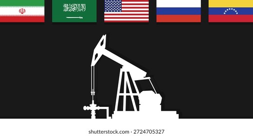 Contexto da indústria petrolífera mundial. Bandeiras dos maiores países produtores de petróleo. Plano de fundo de abóbada da plataforma de óleo. Indústria petrolífera. Petróleo bruto