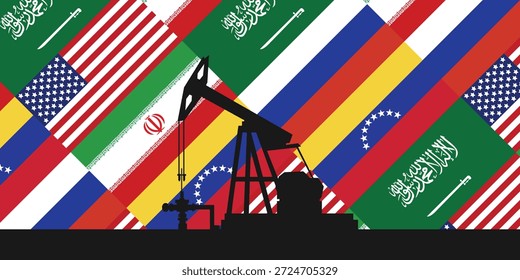 Contexto da indústria petrolífera mundial. Bandeiras dos maiores países produtores de petróleo. Plano de fundo de abóbada da plataforma de óleo. Indústria petrolífera. Petróleo bruto