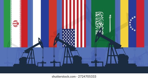 Contexto da indústria petrolífera mundial. Bandeiras dos maiores países produtores de petróleo. Plano de fundo de abóbada da plataforma de óleo. Indústria petrolífera. Petróleo bruto