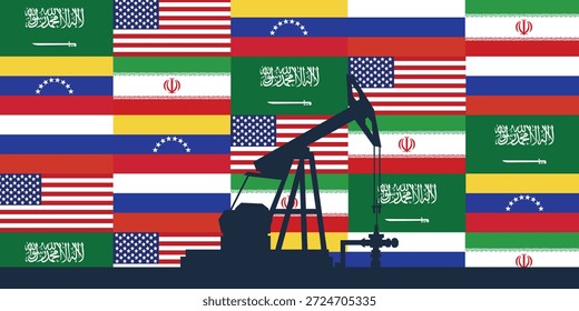 Contexto da indústria petrolífera mundial. Bandeiras dos maiores países produtores de petróleo. Plano de fundo de abóbada da plataforma de óleo. Indústria petrolífera. Petróleo bruto