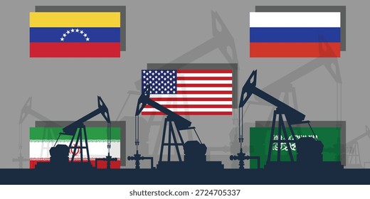 Contexto da indústria petrolífera mundial. Bandeiras dos maiores países produtores de petróleo. Plano de fundo de abóbada da plataforma de óleo. Indústria petrolífera. Petróleo bruto