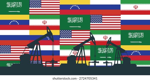 Contexto da indústria petrolífera mundial. Bandeiras dos maiores países produtores de petróleo. Plano de fundo de abóbada da plataforma de óleo. Indústria petrolífera. Petróleo bruto