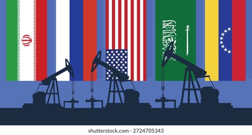 Contexto da indústria petrolífera mundial. Bandeiras dos maiores países produtores de petróleo. Plano de fundo de abóbada da plataforma de óleo. Indústria petrolífera. Petróleo bruto