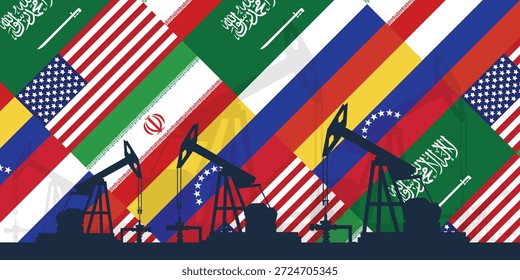 Contexto da indústria petrolífera mundial. Bandeiras dos maiores países produtores de petróleo. Plano de fundo de abóbada da plataforma de óleo. Indústria petrolífera. Petróleo bruto