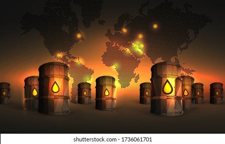 World oil industry vector illustration on background sunset - Oilfield on a world map - Сoncept of oil supply to the terminal, the accumulation of several barrels - polygonal wireframe style 