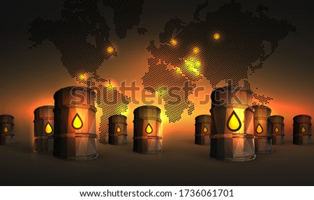 World oil industry vector illustration on background sunset - Oilfield on a world map - Сoncept of oil supply to the terminal, the accumulation of several barrels - polygonal wireframe style 